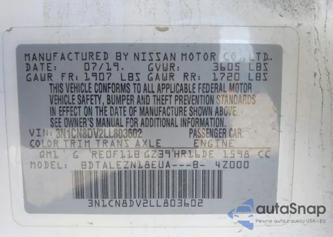 2020 Nissan Versa S z USA, uszkodzony, nr VIN 3N1CN8DV2LL803602
